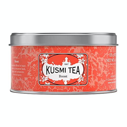 Kusmi Tea Boost - 4.4 oz Loose Tea Tin - Blend of Green Tea, Mate & Spices - Flavored with Cinnamon, Cardamom & Ginger