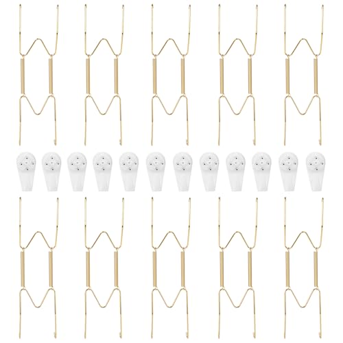Jinzory 10-Pack Invisible Wall Plate Hangers, 8 Inch Brass Plate Holders with 12-Pack Wall Hooks