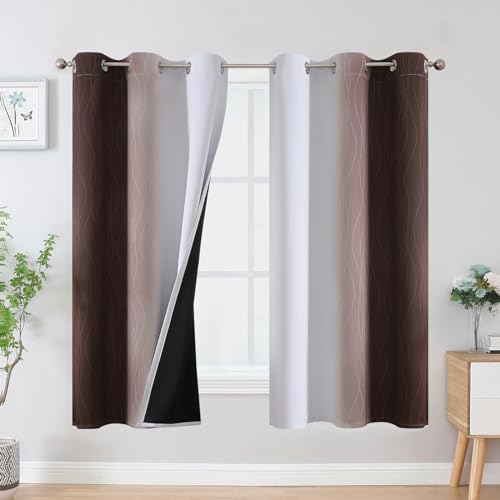 VEHEDE Farbverlauf Ombre Verdunkelung Thermovorhang Kälteschutz Curtains, Verdunklungsvorhänge Wohnzimmer Blickdichte Vorhänge mit Ösen, Raumteiler Vorhang, H 160 x B 107 cm, Braun und Weiß, 2er Set