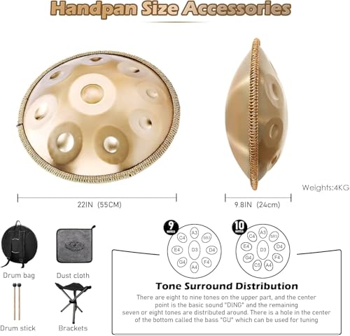 Image of PERLMAN Handpan 22-Inch, 10-Note Steel Hand Drum Set, 440 Hz - Premium Alloy Steel Handpan with Carry Case, Drum Stand, Mallets, Spiral Wraps, and Instruction Guide (Gold)