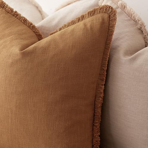 Image of Foindtower Set of 2 Decorative Linen Fringe Throw Pillow Covers Cozy Boho Farmhouse Cushion Cover with Tassels Soft Accent Pillowcase for Couch Sofa Bed Living Room Home Decor, 26x26 Inch, Orange