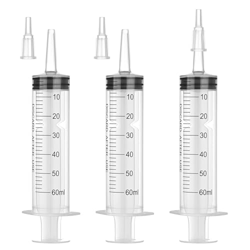 60mL Plastic Syringe for Liquid - 3 Pack Large Syringes with Adapter for Scientific Labs Feeding Oil Filling Individually Wrapped