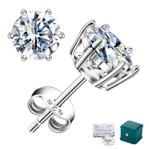 Moissanite Stud Earrings for Women, 0.6-4ct VVS1 Clarity, 18K White Gold Vermeil on 925 Sterling Silver, D Color Jewelry Gift