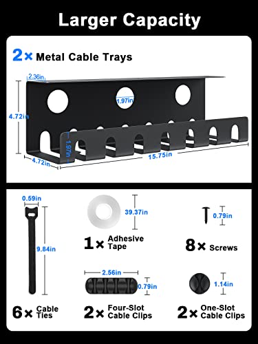 Under Desk Cable Management Tray 2 Pack, Metal Cable Tray Basket For Wire Management, No Drill/Drill Pc Cord Organizer For Home Office Computer Desk Cable Hider, 15.75X4.72X4.72In, Black Raceway #TOP2