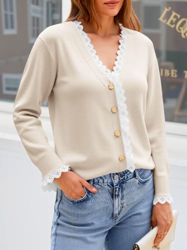 Cicy Bell Womens Lace V Neck Cardigan Sweaters Button Down Long Sleeve Knit Tops Fall Trendy Lightweight Open Front Sweater2