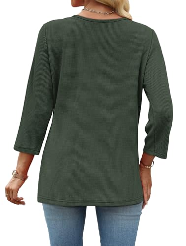 Image of OFEEFAN 3 /4 Length Sleeve Womens Tops Spring Summer Outfits Dressy Casual Blouses Lace Trendy Waffle Knit Shirts