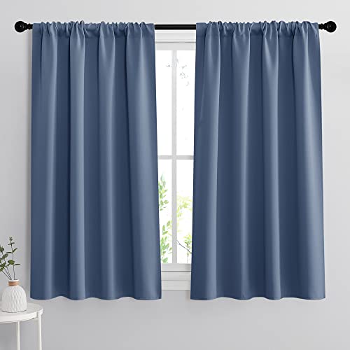 RYB HOME Short Kitchen Curtains, Room Darkening Drapes Thermal Insulated Small Window Coverings Full Privacy Protection for Bedroom Bathroom Dining Room, Stone Blue, W42 x L45 inch, 2 Panels