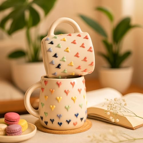 Image of The Deluxe Creations Heart Embossed Ceramic Coffee Mug Set of 2 - 280ml Handcrafted Cups | 3D Design | Aesthetic Tea & Coffee Mugs | Diwali Gift (Colorful Heart-Embossed Mugs)