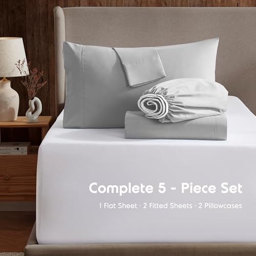 Image of Nestl Split King Bed Sheet Set - Light Grey - 5-Piece Deep Pocket | Instantly Soft, Night-One Ready (No Wash Required). Fits 16-Inch Deep Pockets, 360-Degree Elastic Grip