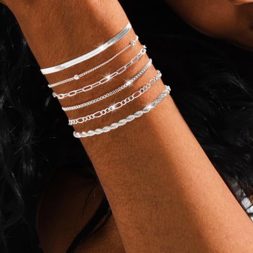 Gold/Silver Bracelets for Women,14K Real Gold Plated Bracelets Stack Trendy Jewelry Sets Stackable Snake Chain Figaro Paperclip Link Chain Adjustable Bracelet Pack Jewelry for Women2