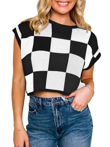 Saodimallsu Womens Cap Sleeve Crop Tops Summer Color Block Going Out Crew Neck Knit Trendy Casual Sweater