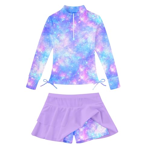 Image of Vogseek 3-12T Girls Rash Guard 2 Pieces Bathing Suit Long Sleeve Swimsuit Swimming Skirt with Shorts Swimwear