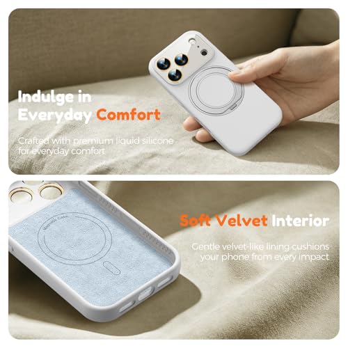 Image of Silicone 360 Spin Magnetic Stand Case for iPhone 17 Pro, [Compatible with Mag-Safe][Reinforced Hard Camera Protection] Liquid Silicone Rubber Phone Case Cover with Ring, Camera Button, White