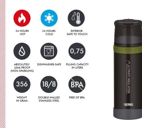 THERMOS Mountain Beverage Bottle 0.75 L, Black, Stainless Steel Thermos Flask with Drinking Cup, 24 Hours Hot / 24 Hours Cold, Lightweight Outdoor Bottle, Robust, Removable Cap, BPA-Free