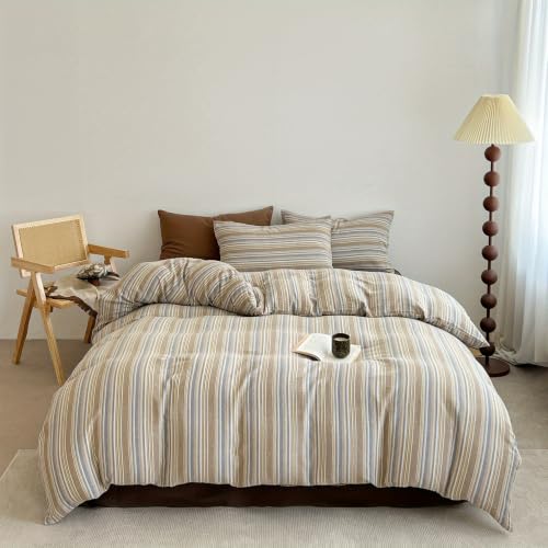 Image of Nayoroom Striped Duvet Cover Queen Size Blue Brown Stripe Duvet Cover Dorm Bedding Set 3 Pieces Soft Breathable Microfiber Farmhouse Bedding Set