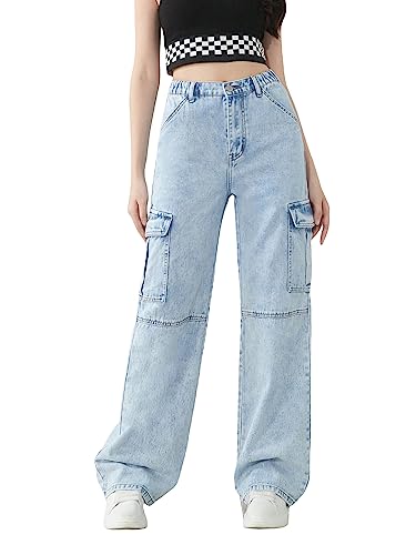 WDIRARA Girl's Flap Pocket Side High Waist Straight Leg Cargo Long Jeans Denim Pants