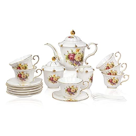 ACMLIFE Bone China Porcelain Tea Set for Adults, 21 Pieces English Vintage Tea Set with Teapot, Floral Tea Sets for Women Tea Party or Gift, Service for 6