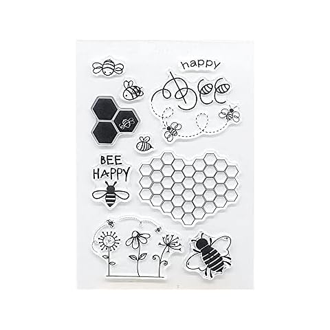 Bee Happy Flowers Honeycomb Clear Stamps Silicone Stamp Cards Words Clear Stamp for Card Making Decoration and DIY Scrapbooking Cover