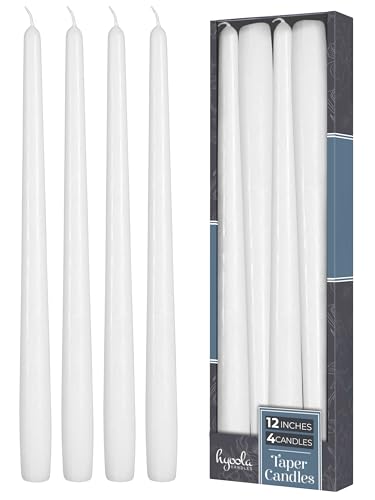 Hyoola Tall Taper Candles - 12 Inch White Unscented Dripless Taper Candles - 10 Hour Burn Time - 4 Pack