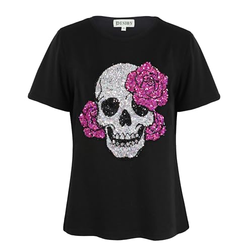 Image of PESION Womens Short Sleeve T-Shirt Sequined Tops O-Neck Funny Graphic Tees Blouse