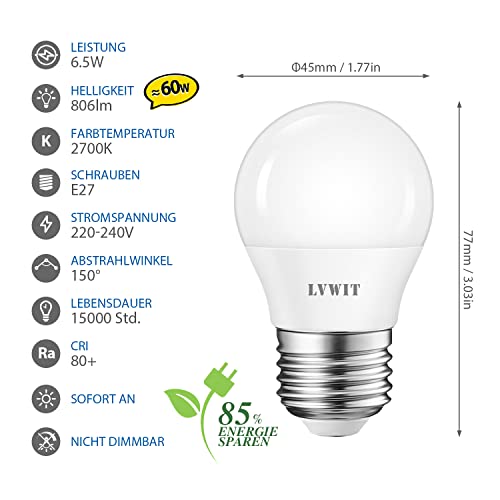 LVWIT E27 LED 6.5W ersetzt 60W Glühlampen, Warmweiß 2700K, G45 LED Leuchtmittel, 806lm, matt (6er Pack) – Ansicht 2