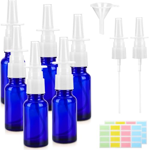 6 botellas vacías de aerosol nasal de cristal de 20 ml, reutilizables, rellenables, con boquillas, embudo, etiquetas, para aceites esenciales, perfume, solución salina, remedios caseros de bricolaje