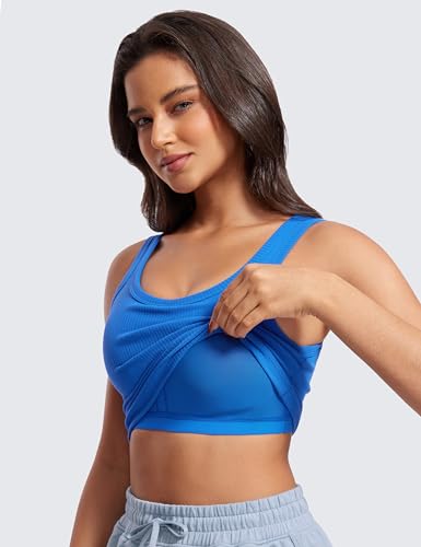Image of CRZ YOGA Ribbed U Neck Crop Tank Tops | Medium Support, Removable Pads, Casual, Wide Straps, Longline Sports Bras for Women