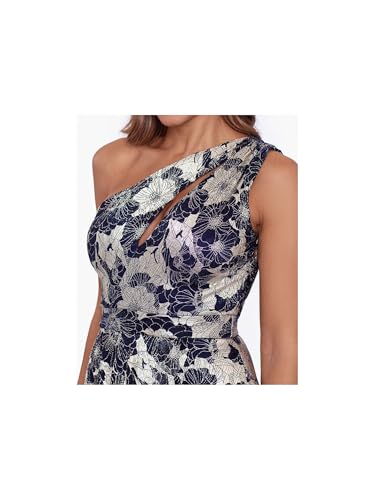 Image of Betsy & Adam Women's Long Sleeveless One Shoulder Metallic Print Gown, Navy /Gold, 10