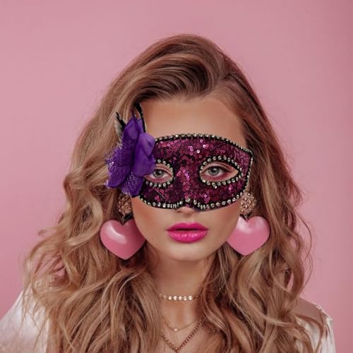 Image of Wanna Party Pink Sequin Masquerade Mask with flower for Women for Masquerade Party, Venetian party,Stage Performances,Eye Mask for Halloween, Birthday, Adult Party,50 shades of Grey party