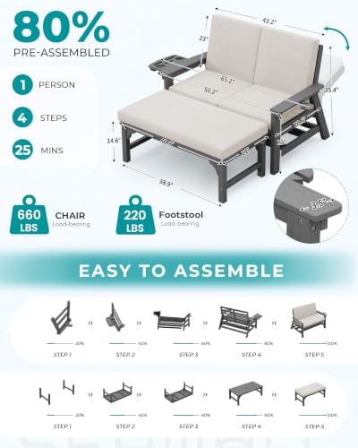 Image of SERWALL 2-in-1 Convertible Sofa Daybed with Cushions & Ottoman Table Set | HDPE 4-Position Reclining Outdoor Patio Lounge Chair, 4-in-1 Cup Holder Daybed Sofa Furniture, Grey Frame with Khaki Cushion