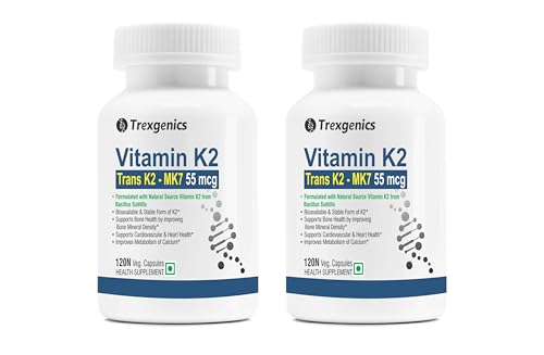 Image of Trexgenics VITAMIN K as TRANS K2 MK7 Menoquinone-7 55 mcg Bone, Cardiovascular Health (120X2=240 Veg Capsules)