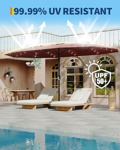 15FT Large Patio Umbrella with Base and Solar Lights, Double-Sided Rectangle Umbrella Oversized Shade for 8-10 People,36 LED Lights and Weighted Base for Pool, Deck, Backyard