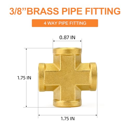 Image of GASHER 2PCS Brass Pipe Fitting, Cross 4 Way Pipe Fitting, 3 /8 inch x 3 /8 inch x 3 /8 inch x 3 /8 inch NPT Female Pipe