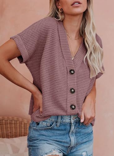 Image of Dokotoo Womens Summer Tops 2026 Waffle Knit Button Down Shirts Casual V Neck Short Sleeve Shacket Jacket Dressy Blouses