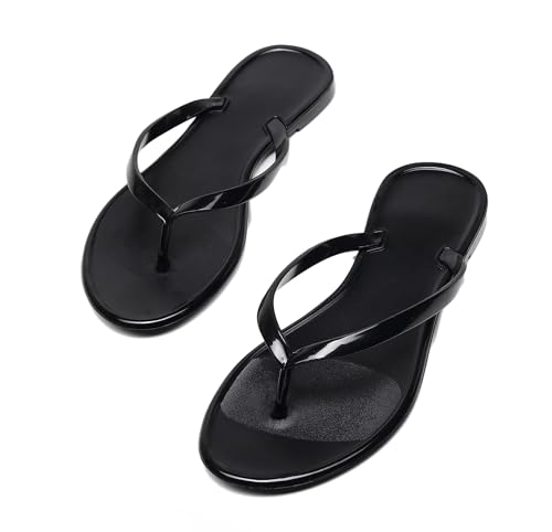 Image of Womens Flip Flops Thong Sandals Jelly Shoes Flat for Ladies Slides Black Slippers Size 9 Slip On Summer Beach Dressy