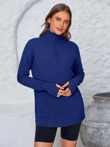 Image of PRETTYGARDEN Womens Long Sleeve Quarter Zip Pullover Sweater | Casual Loose V Neck Sweaters with Thumb Hole, Collared Ribbed Knit Jumper Tops, Oversized Tunic Tops, Fall Outfits 2026