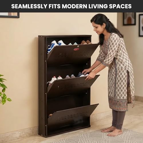Image of Skywave Luxury Wall Mounted Metal Shoe Rack for Home - 3 Shelf, Holds Up to 25 Pairs | Central Locking Shoe Cabinet | Space Saving | Heavy Duty Steel | 3 Year Warranty (Coffee Brown, 26 Inches)