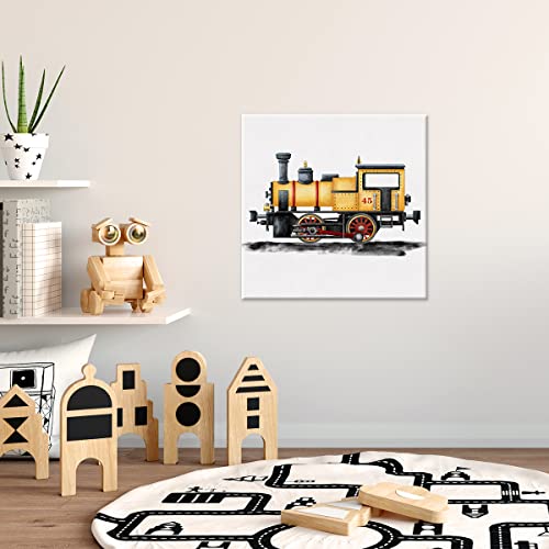 Watercolor Train Canvas Wall Art Transportation Steam Locomotive Painting Print Locomotive Canvas Framed Nursery Artwork Wall Decor For Home Bedroom Kids Playroom 12X12 Inch (Yellow) #TOP2