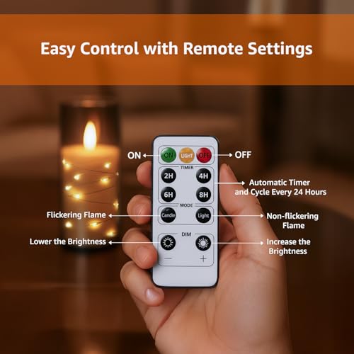 Image of Amazon Basics LED Flameless Candles with String Light Effect Set of 5 (2 Pcs of 5.5x14 cm , 5.5x16, 5.5x18cm, 5.5x20 CM), Grey Acrylic material, Ivory Pillars, Steady Warm Light, Remote & Timer, Battery Operated Indoor Decor