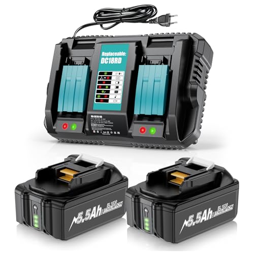 2 Stück 18V 5.5Ah Ersatzakku + 6A DC18RD Dual Port Ladegerät Kompatibel mit Makita 14.4V-18V BL1830 BL1850 BL1860 BL1840 BL1830B etc Werkzeugakku und DC18RC DC18RD DC18SF DC18RA DC18RF Ladegerät