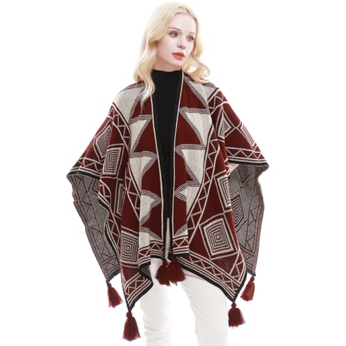 RIIQIICHY Pashmina Shawl Wraps and Capes for Women Winter Warm Poncho for Cold Weather Beige/Dark Red