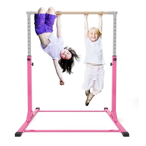 outdoor basic Gymnastics Bar for Kids Adjustable Height Horizontal Bar with Foldable Design Home Training Equipment for Ages 3-15 Years Old (Ages 3-15, Pink)
