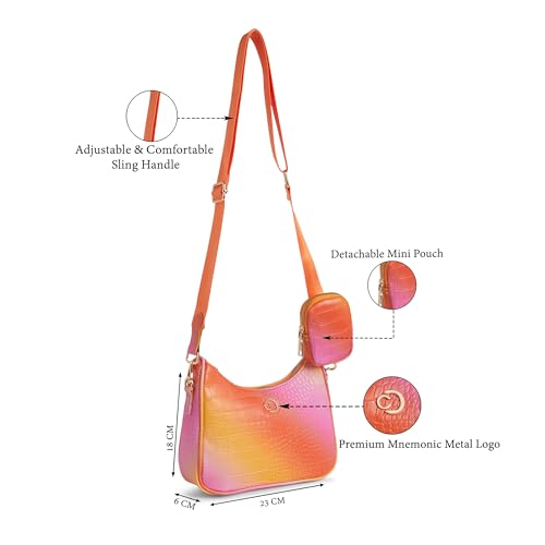 Image of Caprese Marilyn Medium Sling Bag for Women | Croc Pattern Crossbody Bag with Detachable Mini Pouch | Adjustable Strap Shoulder Bag for Everyday Use (Coral Ombre)