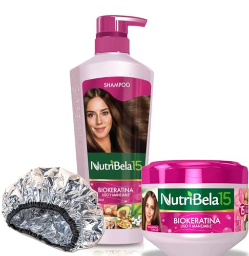 Nutribela 15 Kit (Shampoo + Treatment + Aluminum Cap) Biokeratin | Set Biokeratina Liso y Manejable Nutribela15 Colombia (Champu + Tratamiento + Gorro de Aluminio) (13.5oz + 10.1oz)