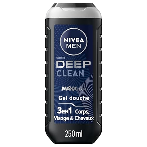 NIVEA MEN Gel Douche Deep Clean MAXXTECH (1 x 250 ml) — Soin lavant enrichi en argile microfine & technologie MaxxTech — Gel douche homme 3 EN 1 Corps Visage & Cheveux pour peaux à impuretés