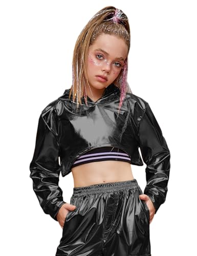 Perfashion long sleeve tops size 10 12 cropped hoodie sweatshirt black metallic hip hop dance outfits