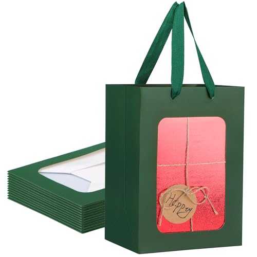 Sacs cadeaux vert foncé avec fenêtre 17.8x13x25 cm Lot de 12 pièces