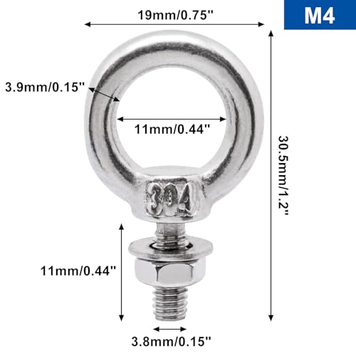 Image of Eye Bolts with Nuts 14sets, M4 Stainless Steel Eyebolt with Nut, Heavy Duty Eye Bolt Shoulder Lifting Screw Thread with Lock Nuts Washers (14, M4)