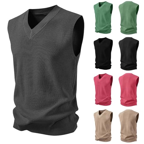 Men's Sweater Vest V-Neck Sleeveless Casual Knitted Pullover Vests Warm Waffle Textured Sweaters Tops for Fall Winter