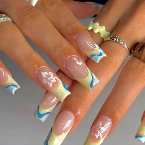 Image of French Tip Press on Nails Yellow Blue Fake Nails with White Flower Design Nude Glossy Glue on Nails Medium Coffin False Nails Artificial Acrylic Full Cover Stick on Nails for Women Manicure 24Pcs